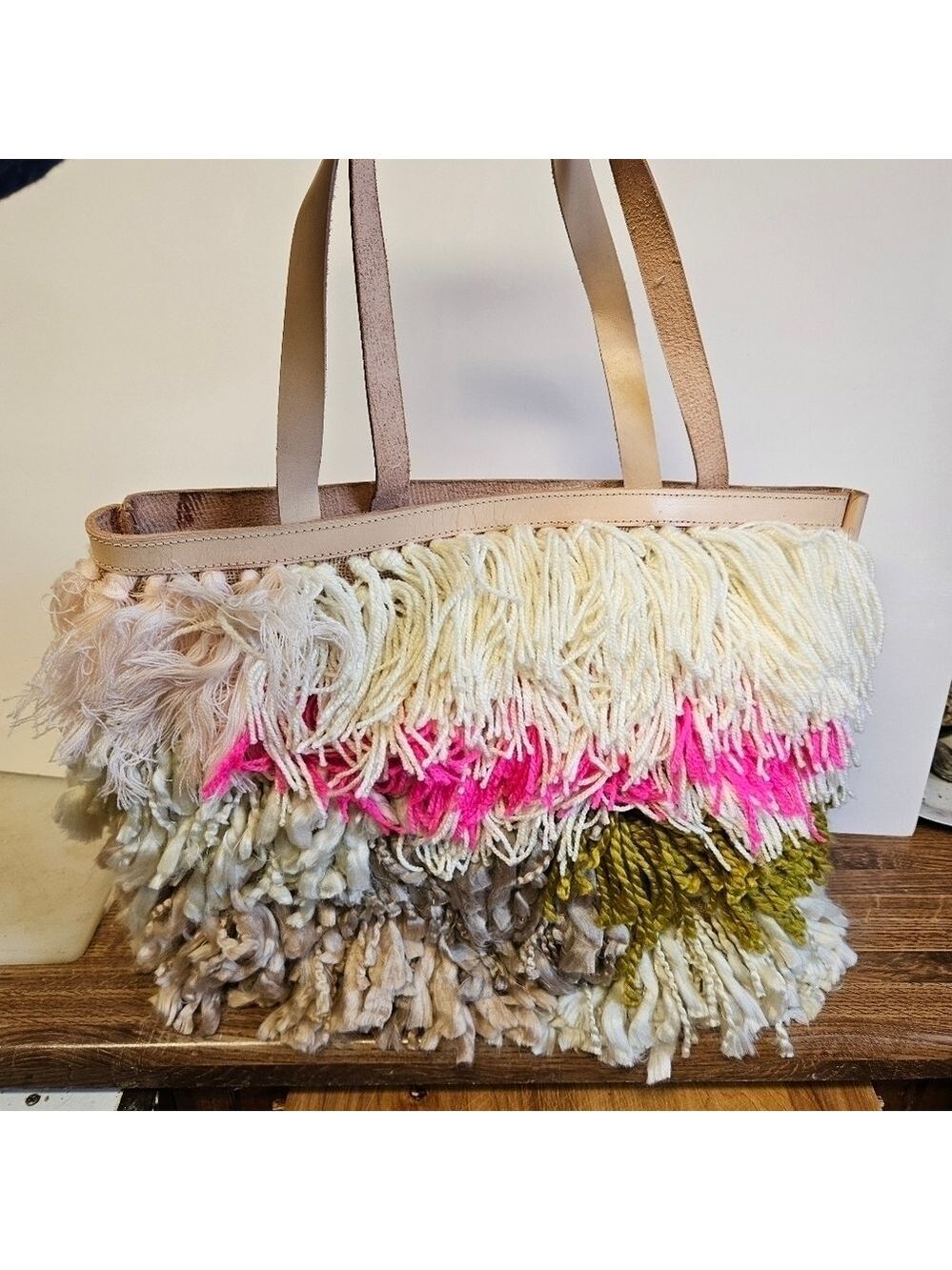 Cold Picnic 90s Funky Leather and Acrylic Wool Tote Bag